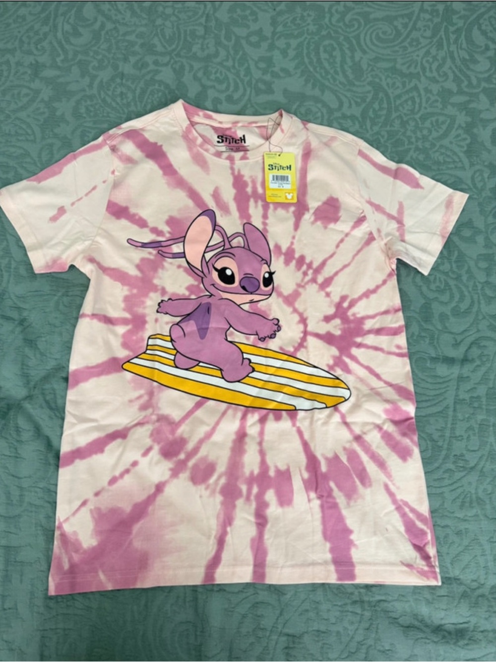 NWT Disney Lilo & Stitch Angel Surfboard Tie Dye Tee Size M Pink